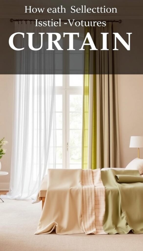 A spacious, well-lit bedroom interior with a large window, illuminating a display of various curtain fabrics, textures, and colors. In the foreground, an elegantly draped sheer white curtain cascades from the ceiling, contrasting with a sage green curtain panel resting on a low table. In the middle ground, several fabric swatches in complementary cream and sage tones are arranged neatly, showcasing different patterns, weaves, and opacities. The background features a soft, muted color palette, creating a calming, inviting atmosphere suitable for a bedroom setting. The overall composition emphasizes the key elements of curtain selection, guiding the viewer's understanding of the basics of this important interior design decision. A spacious, well-lit bedroom interior with a large window, illuminating a display of various curtain fabrics, textures, and colors. In the foreground, an elegantly draped sheer white curtain cascades from the ceiling, contrasting with a sage green curtain panel resting on a low table. In the middle ground, several fabric swatches in complementary cream and sage tones are arranged neatly, showcasing different patterns, weaves, and opacities. The background features a soft, muted color palette, creating a calming, inviting atmosphere suitable for a bedroom setting. The overall composition emphasizes the key elements of curtain selection, guiding the viewer's understanding of the basics of this important interior design decision.