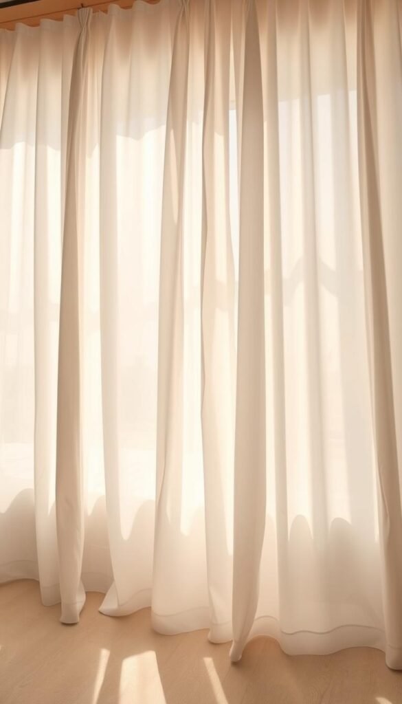A spacious, well-lit bedroom with large, flowing white curtains that gently billow in the soft breeze. The curtains cast a warm, diffused glow throughout the room, creating an airy and expansive atmosphere. Sunlight filters in, reflecting off the crisp, white fabrics and enhancing the sense of openness. The curtains hang effortlessly, their folds and drapes accentuating the height and volume of the space. Subtle shadows play across the walls, adding depth and dimension. The overall effect is one of tranquility, comfort, and a feeling of the room expanding beyond its physical boundaries. A spacious, well-lit bedroom with large, flowing white curtains that gently billow in the soft breeze. The curtains cast a warm, diffused glow throughout the room, creating an airy and expansive atmosphere. Sunlight filters in, reflecting off the crisp, white fabrics and enhancing the sense of openness. The curtains hang effortlessly, their folds and drapes accentuating the height and volume of the space. Subtle shadows play across the walls, adding depth and dimension. The overall effect is one of tranquility, comfort, and a feeling of the room expanding beyond its physical boundaries.