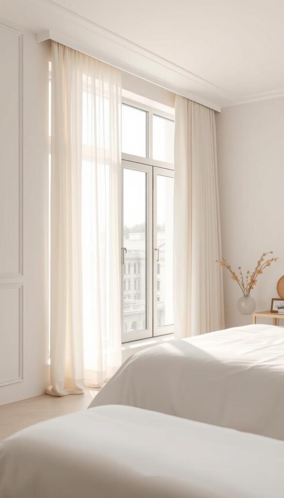 A spacious white bedroom with a large window, the sunlight streaming in and casting a warm, natural glow. In the foreground, a seamless, built-in curtain installation is showcased, the fabric panels blending seamlessly into the window frame, creating a cohesive and streamlined look. The curtains are made of a lightweight, flowing material that gently sways in the breeze, adding a sense of elegance and softness to the space. The middle ground features a carefully selected bed with crisp white linens, complementing the overall aesthetic. In the background, a minimalist, modern decor scheme enhances the serene and airy atmosphere, with clean lines and neutral tones creating a sense of tranquility and spaciousness. A spacious white bedroom with a large window, the sunlight streaming in and casting a warm, natural glow. In the foreground, a seamless, built-in curtain installation is showcased, the fabric panels blending seamlessly into the window frame, creating a cohesive and streamlined look. The curtains are made of a lightweight, flowing material that gently sways in the breeze, adding a sense of elegance and softness to the space. The middle ground features a carefully selected bed with crisp white linens, complementing the overall aesthetic. In the background, a minimalist, modern decor scheme enhances the serene and airy atmosphere, with clean lines and neutral tones creating a sense of tranquility and spaciousness.