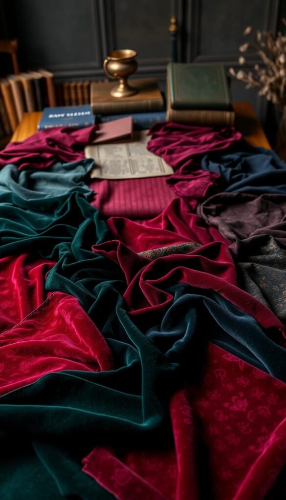 A sprawling table showcasing a rich, textured selection of dark academia-inspired fabrics. The foreground features a variety of lush, velvet-like textures in shades of burgundy, forest green, and midnight blue, arranged in a visually striking display. The middle ground includes swatches of luxurious brocade, tweed, and corduroy in complementary tones, while the background subtly fades into a somber, bookish ambiance with hints of antique brass and weathered leather. Dramatic, low-key lighting casts dramatic shadows, evoking a sense of timeless elegance and intellectual sophistication. The overall composition exudes an air of refined, scholarly decadence, perfectly embodying the essence of the "dark academia" aesthetic. A sprawling table showcasing a rich, textured selection of dark academia-inspired fabrics. The foreground features a variety of lush, velvet-like textures in shades of burgundy, forest green, and midnight blue, arranged in a visually striking display. The middle ground includes swatches of luxurious brocade, tweed, and corduroy in complementary tones, while the background subtly fades into a somber, bookish ambiance with hints of antique brass and weathered leather. Dramatic, low-key lighting casts dramatic shadows, evoking a sense of timeless elegance and intellectual sophistication. The overall composition exudes an air of refined, scholarly decadence, perfectly embodying the essence of the "dark academia" aesthetic.