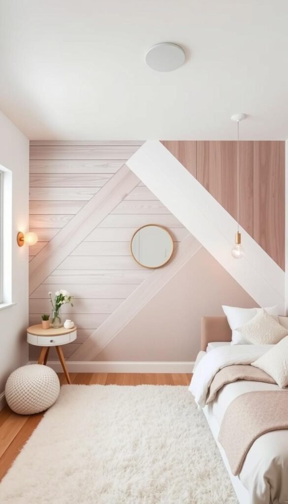 A stylish and inviting girls' bedroom featuring a focal wall with creative paneling ideas. The paneling is arranged in an eye-catching geometric pattern, with alternating textures and finishes - smooth wood panels, shiplap, and textured wallpaper. Warm lighting from sconces and a pendant fixture casts a cozy glow, while a plush area rug and soft textiles in pastel hues contribute to the tranquil, feminine atmosphere. The composition is balanced, with the paneled wall as the main subject, framed by a window and complementary decor elements. The overall scene conveys a sense of thoughtful design and personalized style tailored for a young occupant.