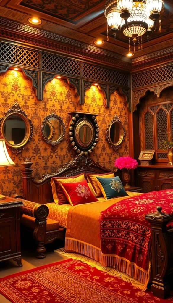 A sumptuous Pakistani bedroom, adorned with intricate hand-carved furniture and vibrant textiles that evoke the region's rich cultural heritage. Warm, golden lighting casts a cozy glow, highlighting the ornate latticework, delicate floral motifs, and gleaming brass accents that define the space. Plush, jewel-toned cushions and throws invite relaxation, while ornamental mirrors and intricate rugs lend an air of refined elegance. The overall ambiance is one of artisanal craftsmanship and timeless sophistication, a harmonious blend of tradition and modernity that elevates the bedroom into a true sanctuary of comfort and style. A sumptuous Pakistani bedroom, adorned with intricate hand-carved furniture and vibrant textiles that evoke the region's rich cultural heritage. Warm, golden lighting casts a cozy glow, highlighting the ornate latticework, delicate floral motifs, and gleaming brass accents that define the space. Plush, jewel-toned cushions and throws invite relaxation, while ornamental mirrors and intricate rugs lend an air of refined elegance. The overall ambiance is one of artisanal craftsmanship and timeless sophistication, a harmonious blend of tradition and modernity that elevates the bedroom into a true sanctuary of comfort and style.