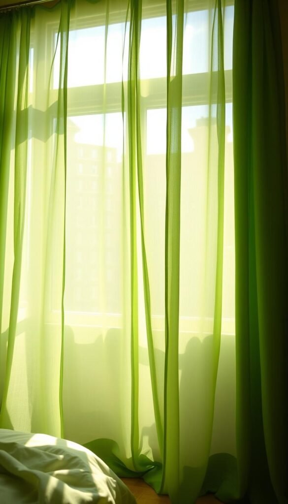 A sun-dappled bedroom, sheer green curtains cascading gracefully, filtering soft natural light. Delicate folds and billows dance as a gentle breeze caresses the fabric, casting enchanting patterns on the walls. The curtains hang in elegant folds, their hue a soothing blend of verdant tones, creating a serene, nature-inspired ambiance. A wide-angle lens captures the tranquil scene, showcasing the curtains' ability to balance privacy and airiness, blending the outdoors with the cozy indoor space. Subtle highlights and shadows accentuate the curtains' translucent quality, inviting the viewer to imagine the peaceful, rejuvenating atmosphere of this green-tinged haven.