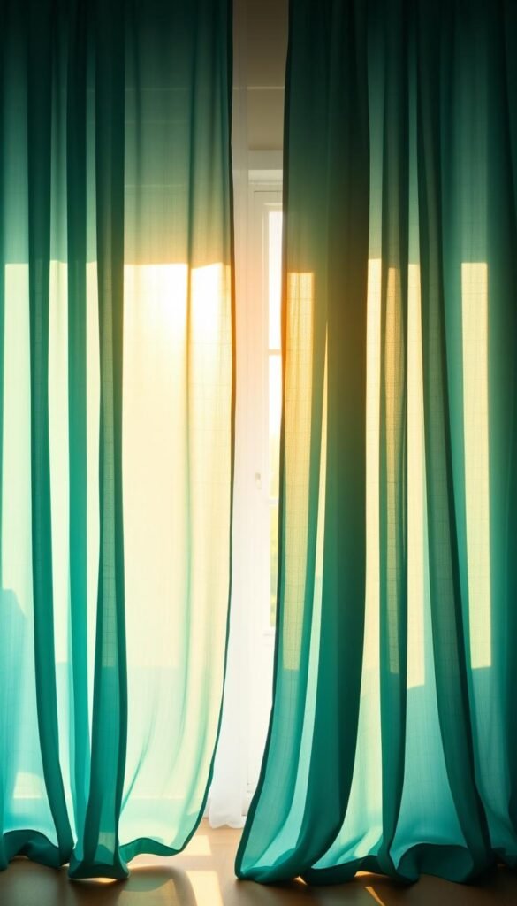 A sun-dappled bedroom with teal curtains gently billowing in the warm breeze. The curtains are made of a lightweight, silky fabric that filters the light, creating a soft, diffused glow throughout the space. The teal hue is deep and rich, lending a sense of sophistication and tranquility. The curtains are hung from a sleek, minimalist rod, their folds cascading gracefully to the floor. The room is bathed in a golden, ambient light, accentuating the textural quality of the fabric. The overall atmosphere is one of airy elegance, inviting the viewer to bask in the serene, calming ambiance of the teal-tinged sanctuary.