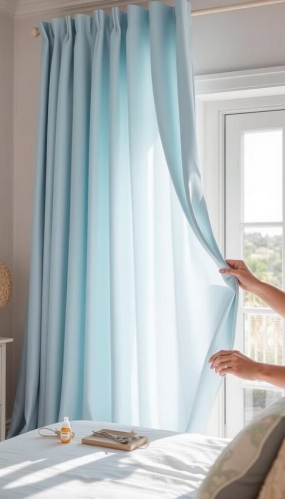 A sun-dappled coastal bedroom, with a large sky-blue curtain panel cascading elegantly down the wall. The fabric gently billows, catching the soft natural light streaming through a nearby window. In the foreground, a pair of delicate hands tenderly straighten the folds, revealing the silky, high-quality texture. Subtle details like a small sewing kit and a spray bottle of fabric refresher hint at the careful maintenance required to keep these curtains looking pristine. The overall scene evokes a sense of tranquility and timeless charm, perfectly suited for a coastal-inspired space.