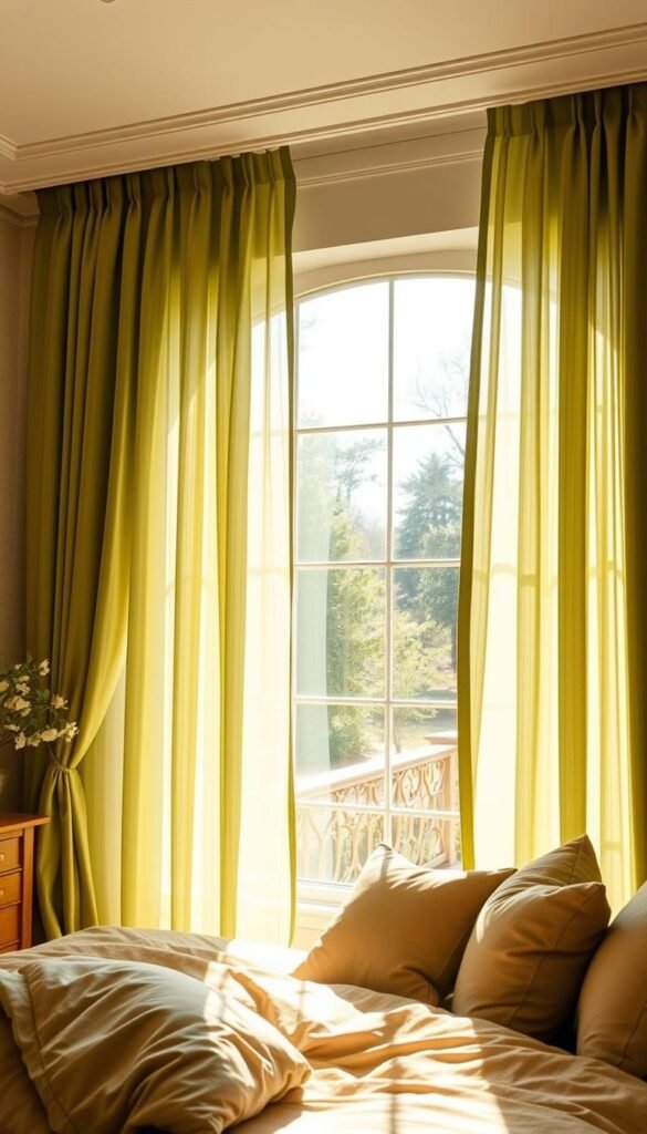 A sun-drenched bedroom interior with lush sage green curtains gently flowing in a soft breeze. The curtains are made of a luxurious, textured fabric that cascades elegantly from the ceiling, framing a large window overlooking a tranquil garden. Warm, natural light filters through the sheer material, casting a serene, calming ambiance throughout the space. Plush bedding in complementary earth tones and natural wood furniture create a harmonious, inviting atmosphere. The overall scene evokes a sense of peaceful, rejuvenating relaxation. A sun-drenched bedroom interior with lush sage green curtains gently flowing in a soft breeze. The curtains are made of a luxurious, textured fabric that cascades elegantly from the ceiling, framing a large window overlooking a tranquil garden. Warm, natural light filters through the sheer material, casting a serene, calming ambiance throughout the space. Plush bedding in complementary earth tones and natural wood furniture create a harmonious, inviting atmosphere. The overall scene evokes a sense of peaceful, rejuvenating relaxation.