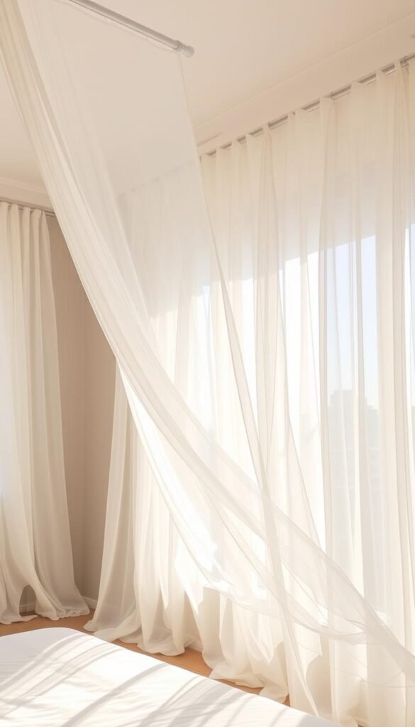 A sun-drenched bedroom with delicate, flowing sheer curtains that gently billow in a soft breeze. The curtains are made of a lightweight, semi-transparent fabric that casts a warm, diffused light throughout the space, creating a serene and airy ambiance. The curtains are mounted on sleek, minimalist rods that fade into the background, allowing the fabric to be the focal point. The curtains cascade gracefully from the ceiling, their gossamer panels dancing and creating mesmerizing patterns of light and shadow. The lighting is natural, with sunlight streaming in from large windows, illuminating the sheer fabric and enhancing the sense of openness and lightness in the room. A sun-drenched bedroom with delicate, flowing sheer curtains that gently billow in a soft breeze. The curtains are made of a lightweight, semi-transparent fabric that casts a warm, diffused light throughout the space, creating a serene and airy ambiance. The curtains are mounted on sleek, minimalist rods that fade into the background, allowing the fabric to be the focal point. The curtains cascade gracefully from the ceiling, their gossamer panels dancing and creating mesmerizing patterns of light and shadow. The lighting is natural, with sunlight streaming in from large windows, illuminating the sheer fabric and enhancing the sense of openness and lightness in the room.