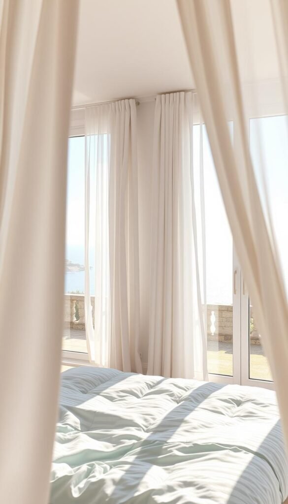 A sun-drenched bedroom with floor-to-ceiling windows overlooking a serene coastal landscape. Sheer white curtains billowing gently in a soft breeze, allowing natural light to flood the space. The room has a calming, airy atmosphere, with a plush sky-blue bedding set and pale wood furniture creating a harmonious, Scandinavian-inspired aesthetic. The camera angle is positioned low, capturing the interplay of light and shadow, with the curtains framing the view outside. The lighting is natural, with a warm, diffused glow throughout the room.