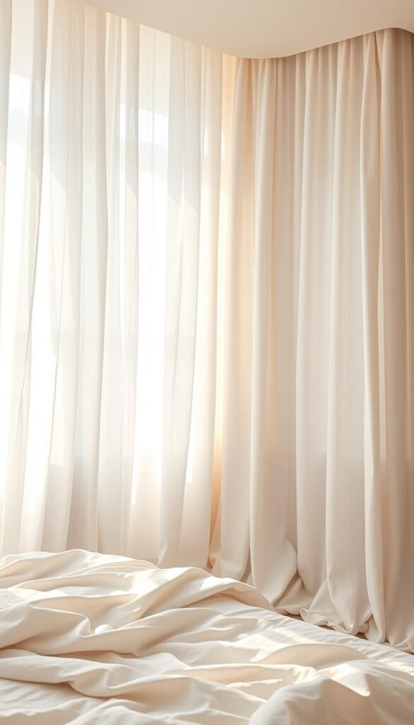 A sun-drenched bedroom with pristine white linen curtains cascading in soft, billowing layers. The curtains are meticulously arranged, with delicate folds and subtle asymmetries that create a visually captivating display. Warm, diffused lighting filters through the fabric, casting a serene, ethereal glow throughout the space. The camera captures the scene from a slightly elevated angle, emphasizing the graceful, undulating movement of the curtains as they gently sway in a gentle breeze. This harmonious layering of textiles evokes a sense of effortless sophistication, perfectly complementing the minimalist, airy aesthetic of the bedroom. A sun-drenched bedroom with pristine white linen curtains cascading in soft, billowing layers. The curtains are meticulously arranged, with delicate folds and subtle asymmetries that create a visually captivating display. Warm, diffused lighting filters through the fabric, casting a serene, ethereal glow throughout the space. The camera captures the scene from a slightly elevated angle, emphasizing the graceful, undulating movement of the curtains as they gently sway in a gentle breeze. This harmonious layering of textiles evokes a sense of effortless sophistication, perfectly complementing the minimalist, airy aesthetic of the bedroom.