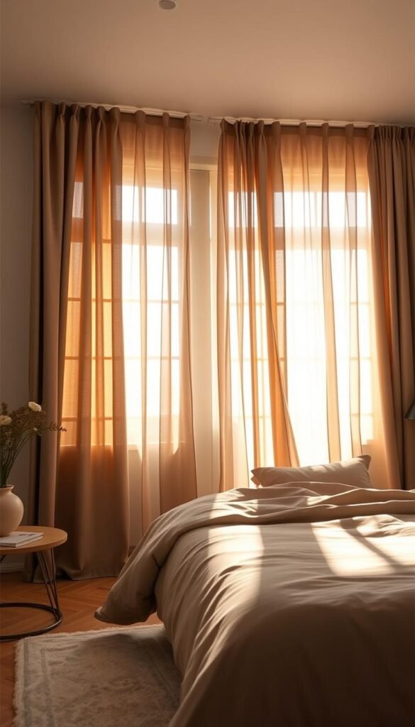 A sun-drenched bedroom with taupe curtains gently billowing in a soft breeze, filtering natural light through their delicate folds. The curtains are draped elegantly, their subtle hue complementing the neutral tones of the bedding and furnishings. Warm, diffused illumination casts a serene glow, highlighting the textures of the fabrics and creating a cozy, inviting atmosphere. A wide-angle lens captures the entire scene, showcasing how the taupe curtains seamlessly integrate with the modern, minimalist decor to elevate the overall aesthetic and enhance the feeling of tranquility.