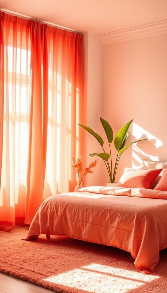 A sun-drenched coral-colored bedroom, bathed in warm, natural lighting. Soft, textured coral curtains billowing gently, creating a sense of warmth and serenity. A plush coral-toned rug anchors the space, complemented by minimalist coral-accented decor - a vase, a few throw pillows. The walls are a soothing neutral tone, allowing the coral hues to take center stage. Lush, verdant indoor plants dot the scene, adding pops of vibrant green. The overall atmosphere is calming yet energizing, evoking feelings of joy, creativity, and rejuvenation.