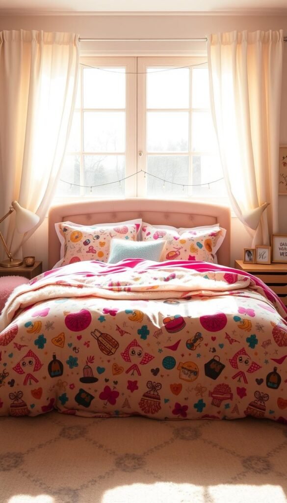 A sun-drenched teenage girl's bedroom with a plush, statement-making bedding set. Soft, billowing curtains frame the large window, casting warm, golden light across the room. The bed's focal point is a vibrant, patterned duvet cover, adorned with playful, whimsical designs that reflect the girl's personality. Cozy throw pillows and a fuzzy blanket add texture and depth. Delicate string lights hung above the headboard create a cozy, intimate ambiance. Touches of metallic accents, such as a nightstand lamp and picture frames, glimmer throughout the space. The overall atmosphere is one of comfort, self-expression, and youthful energy.