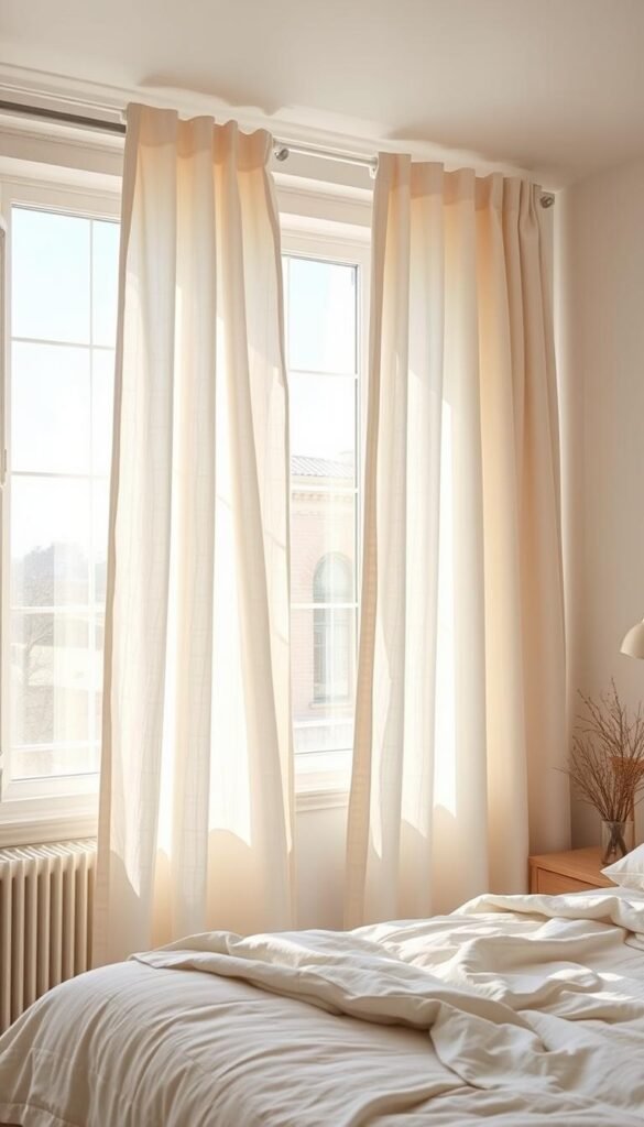 A sunlit Scandinavian bedroom with clean, minimal furnishings, showcasing a large window dressed in flowing, ivory linen curtains. The fabric has a soft, luxurious drape and a subtly textured weave, capturing the gentle movement of the breeze. The curtains are backlit, creating a warm, glowing effect and highlighting the inherent qualities of the linen - its breathability, durability, and natural luster. The scene exudes a sense of tranquility and serenity, perfectly complementing the restful, hygge-inspired atmosphere of the space.