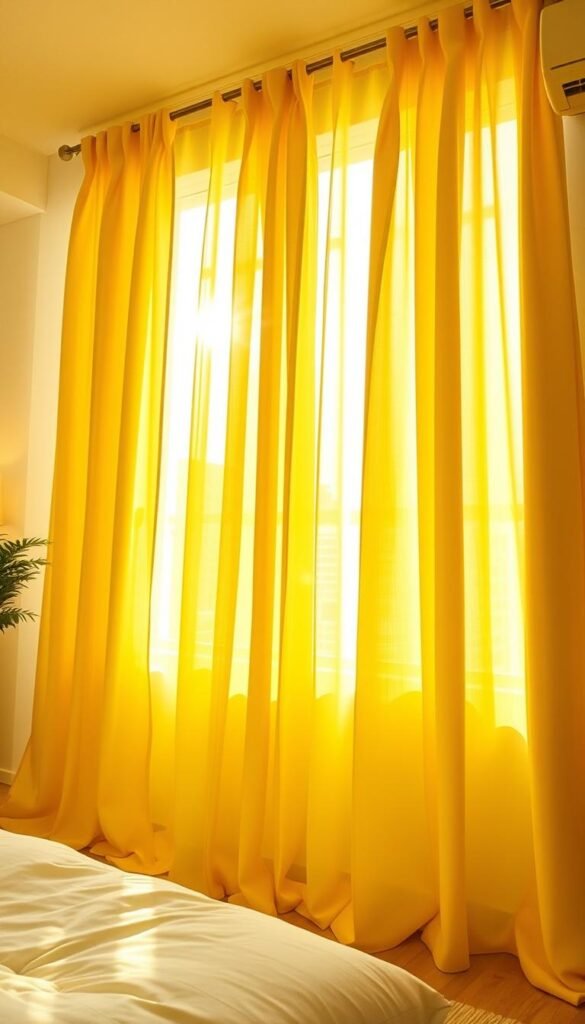 A sunlit bedroom with a large window, the curtains gently billowing in a soft breeze. The curtains are crafted from high-quality, luminous fabrics in a range of warm yellow hues, from vibrant sunburst to mellow buttercup. The light filters through, casting a golden glow and creating a serene, uplifting atmosphere. The camera angles capture the flow and texture of the curtains, showcasing their versatility and how they can transform the mood of the space. The scene is captured with a wide-angle lens, allowing the viewer to fully immerse themselves in the calming, positive vibes of this yellow-hued sanctuary. A sunlit bedroom with a large window, the curtains gently billowing in a soft breeze. The curtains are crafted from high-quality, luminous fabrics in a range of warm yellow hues, from vibrant sunburst to mellow buttercup. The light filters through, casting a golden glow and creating a serene, uplifting atmosphere. The camera angles capture the flow and texture of the curtains, showcasing their versatility and how they can transform the mood of the space. The scene is captured with a wide-angle lens, allowing the viewer to fully immerse themselves in the calming, positive vibes of this yellow-hued sanctuary.