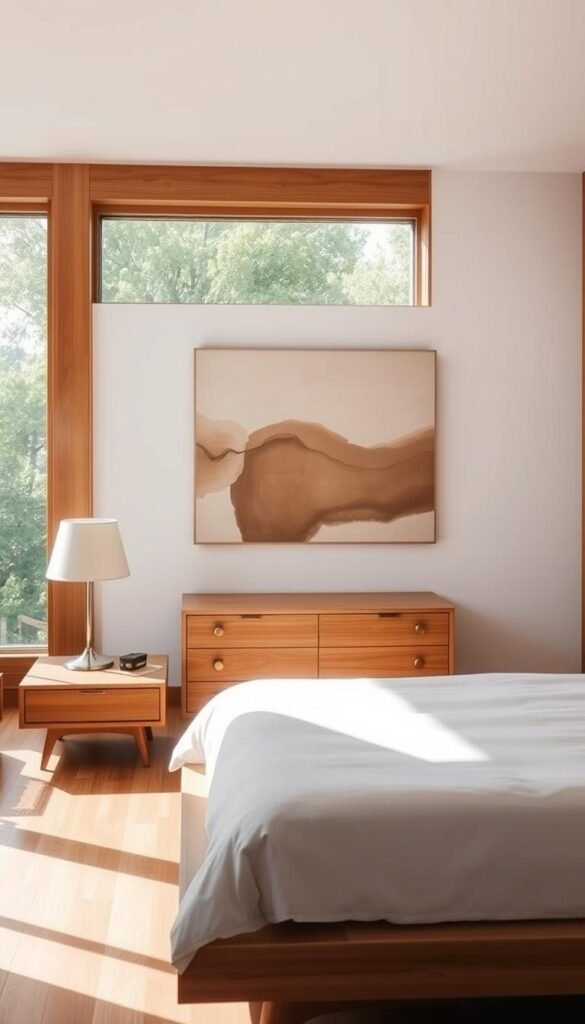 A sunlit midcentury modern bedroom with warm, natural wood tones and sleek, minimalist furnishings. In the foreground, a low-profile platform bed with a plush, tufted headboard and crisp white bedding. Flanking the bed, a pair of slim, tapered nightstands with mid-century style lamps. In the middle ground, a low-slung dresser with clean lines and brass hardware. On the wall, a large abstract art piece in muted, earthy hues. The background features a large window flooding the space with soft, diffused natural light, revealing a glimpse of lush, verdant foliage outside. The overall mood is one of tranquility, sophistication, and a nod to the timeless elegance of midcentury design.