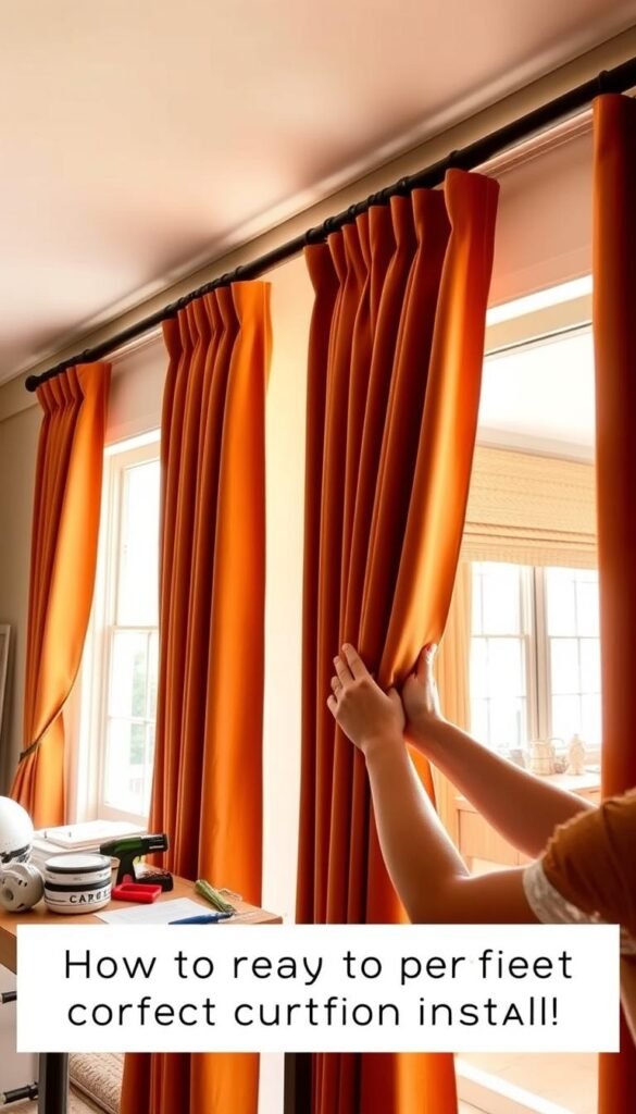A sunlit room with a rustic wooden curtain rod, its elegant burnt orange curtains cascading gracefully. In the foreground, a pair of hands carefully adjusting the pleats, expertly aligning the fabric for a flawless, symmetrical hang. The middle ground showcases a well-organized workspace, tools, and reference materials, conveying a sense of attention to detail. The background features a warm, inviting atmosphere with natural light filtering through the windows, casting a soft, cozy glow. The scene exudes a harmonious blend of functionality and aesthetic appeal, guiding the viewer through the nuances of perfect curtain installation. A sunlit room with a rustic wooden curtain rod, its elegant burnt orange curtains cascading gracefully. In the foreground, a pair of hands carefully adjusting the pleats, expertly aligning the fabric for a flawless, symmetrical hang. The middle ground showcases a well-organized workspace, tools, and reference materials, conveying a sense of attention to detail. The background features a warm, inviting atmosphere with natural light filtering through the windows, casting a soft, cozy glow. The scene exudes a harmonious blend of functionality and aesthetic appeal, guiding the viewer through the nuances of perfect curtain installation.