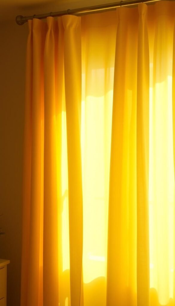 A sunlit spectrum of delicate yellow curtain shades, each panel subtly distinct in its hue, creating a warm and inviting atmosphere. The curtains hang gracefully, their folds and creases catching the gentle light that filters through the room's large windows. In the foreground, the nearest panels glow with a vibrant, golden tone, while towards the middle, the shades gradually transition to softer, more mellow tones of lemon and buttercup. The background curtains blend into a harmonious, soothing palette of buttery yellows, evoking a sense of tranquility and sunlit comfort. The overall scene conveys an inviting, cheerful ambiance that would beautifully complement a small, cozy bedroom. A sunlit spectrum of delicate yellow curtain shades, each panel subtly distinct in its hue, creating a warm and inviting atmosphere. The curtains hang gracefully, their folds and creases catching the gentle light that filters through the room's large windows. In the foreground, the nearest panels glow with a vibrant, golden tone, while towards the middle, the shades gradually transition to softer, more mellow tones of lemon and buttercup. The background curtains blend into a harmonious, soothing palette of buttery yellows, evoking a sense of tranquility and sunlit comfort. The overall scene conveys an inviting, cheerful ambiance that would beautifully complement a small, cozy bedroom.
