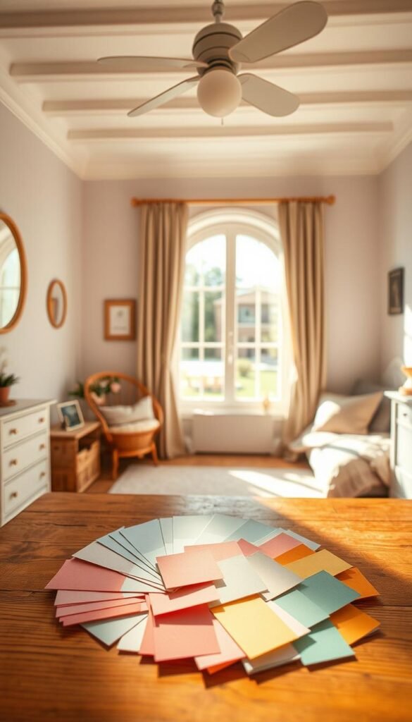 A sunny, airy girls bedroom with a color palette selection laid out on a wooden table. In the foreground, various swatches of pastel hues - soft pinks, calming blues, warm yellows, and earthy greens - are arranged neatly. The middle ground features a large window flooding the room with natural light, casting a warm glow. In the background, hints of a tastefully decorated space with delicate floral accents and a cozy reading nook. The overall mood is serene, inviting, and reflective of a young girl's personal style and interests.