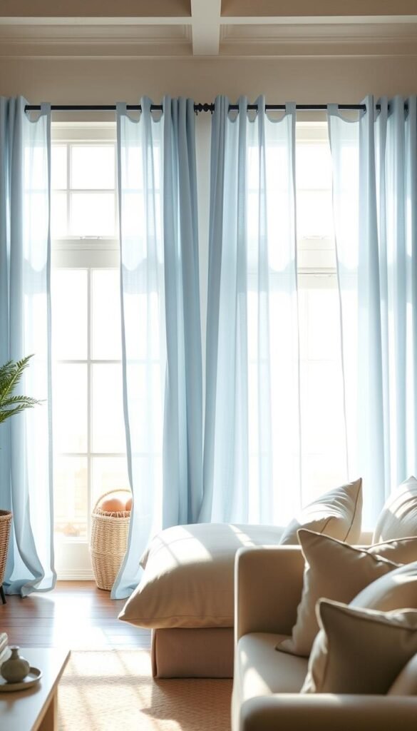 A tranquil coastal living room bathed in natural light, featuring delicate light blue linen curtains that gracefully frame the view. The curtains drape elegantly, their soft, airy texture complementing the room's serene atmosphere. Warm, diffused sunlight filters through the sheer fabric, casting a gentle glow across the space. The arrangement of the curtains creates a sense of effortless sophistication, inviting a feeling of calm and comfort. Plush, neutral-toned furniture and decor elements enhance the room's soothing aesthetic, while touches of natural wood and greenery infuse the space with an organic, seaside-inspired ambiance.