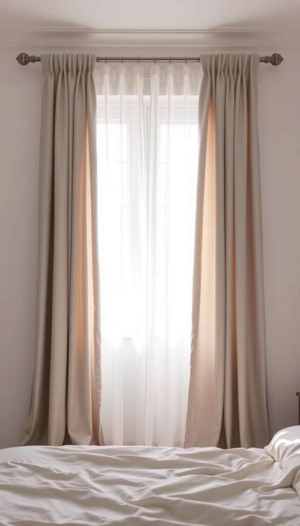 A tranquil, minimalist bedroom scene with a pair of elegant curtains in a harmonious grey and white color palette. The curtains hang gracefully, their soft, flowing folds creating a sense of balance and serenity. Gentle, diffused lighting filters through the window, casting a warm, natural glow on the room's neutral tones. The curtains are the focal point, their simplicity and timeless design complementing the overall muted, sophisticated aesthetic. The scene exudes a sense of calm and relaxation, perfectly embodying the timeless appeal of the grey and white color combination.