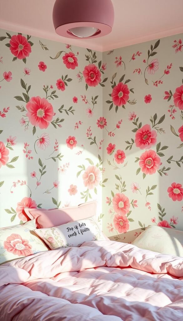A vibrant and playful bedroom setting, bathed in soft, natural lighting. The walls are adorned with a delightful array of whimsical patterns and textures, creating a warm and inviting ambiance. Intricate floral motifs dance across the surfaces, complemented by bold geometric shapes and subtle gradients. Splashes of pastel hues, including soft pinks, gentle blues, and muted greens, lend a sense of youthful charm. The textures range from plush fabrics to shimmering metallic accents, adding depth and visual interest to the scene. The overall composition exudes a sense of joy and creativity, perfectly capturing the spirit of a girls' dream room.