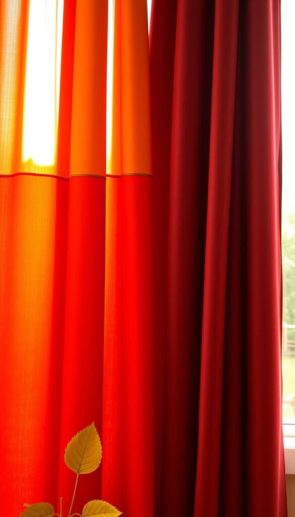 A vibrant autumnal palette of complementary curtain colors fills the frame. In the foreground, rich, burnished orange and deep crimson hues cascade in soft, elegant folds. The middle ground features a warm golden-yellow accent, creating a striking contrast. In the background, hints of deep burgundy and russet tones add depth and dimension, evoking the cozy ambiance of an autumn day. Soft, natural lighting filters through the curtains, casting a warm glow and enhancing the depth of the color tones. The overall composition exudes a sense of seasonal tranquility and invites the viewer to imagine the serene atmosphere of an autumn-inspired bedroom.