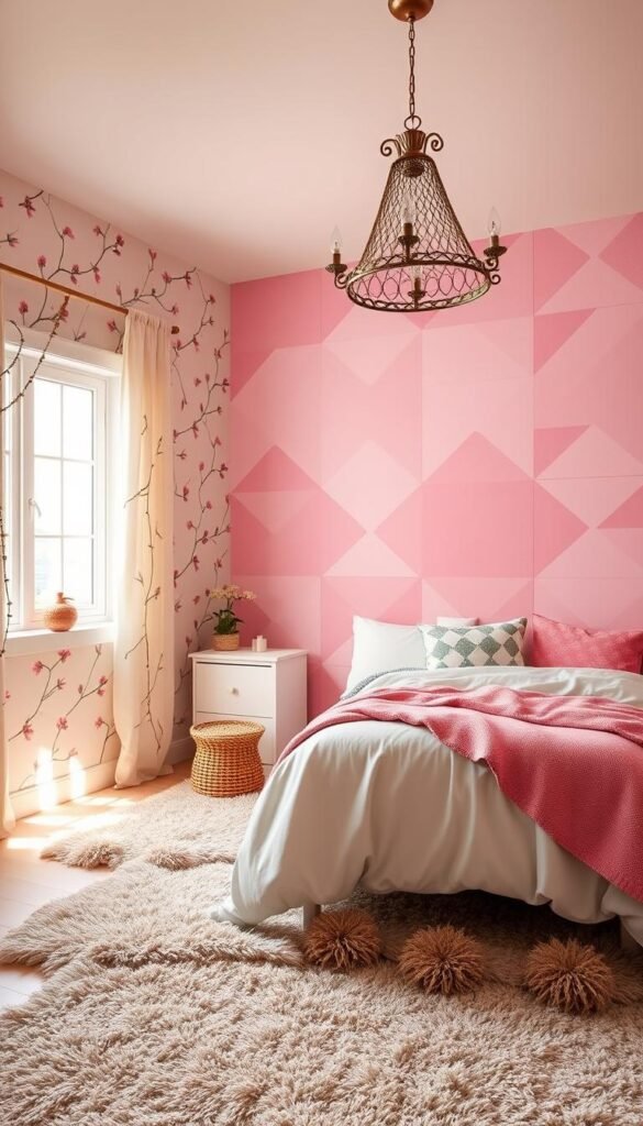 A vibrant, cozy girls bedroom with a stunning accent wall. In the foreground, a warm, pastel-hued floral wallpaper with delicate vines and flowers cascading down the wall. In the middle ground, a large window floods the room with soft, natural lighting, casting a gentle glow. The accent wall features a striking, geometric pattern in shades of pink, lavender, and sage, creating a bold, eye-catching focal point. Plush, textured rugs, and an ornate, metallic pendant light fixture add depth and texture to the space. The overall mood is one of whimsy, creativity, and feminine charm, perfectly suited for a young, imaginative mind.