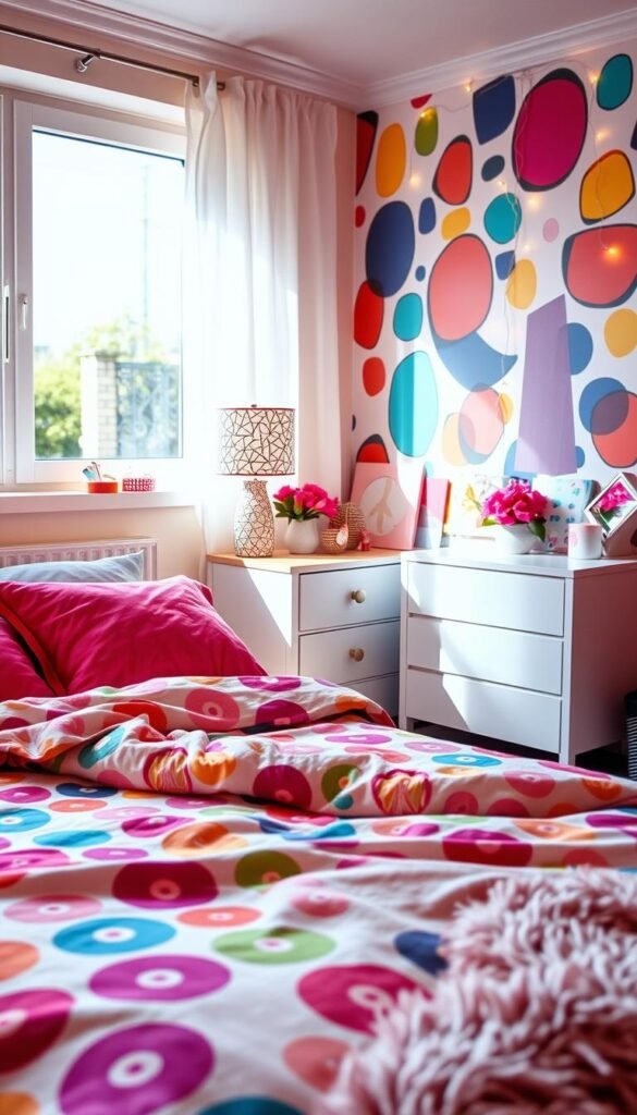 A vibrant teenage girl's bedroom bathed in natural light, with a cozy and inviting atmosphere. The foreground showcases a colorful patterned comforter, plush pillows, and a fluffy area rug in complementary hues. The middle ground features a nightstand adorned with a geometric-patterned lamp, a vase of fresh flowers, and an assortment of chic decorative items. The background reveals playful wallpaper with a bold, abstract design, and a string of twinkling fairy lights adds a whimsical touch. The overall scene exudes a youthful, energetic, and visually stimulating vibe, perfect for a modern, stylish girl's bedroom.