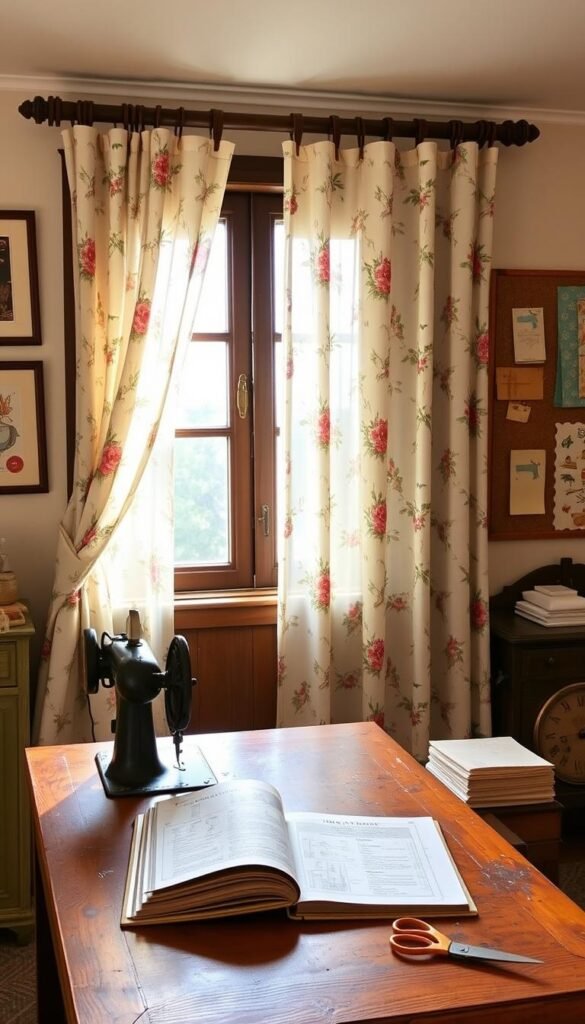 A vintage sewing room with a wooden table, antique sewing machine, and a stack of fabric swatches in warm, earthy tones. On the table, an open sewing pattern book and a pair of sharp scissors. Hanging from a rustic curtain rod, sheer floral curtains billow softly in the natural light streaming through the window. The walls are adorned with framed sewing-themed artwork and a corkboard displaying inspirational fabric samples. The overall mood is one of cozy, creative DIY charm, perfect for crafting custom curtain projects on a budget. A vintage sewing room with a wooden table, antique sewing machine, and a stack of fabric swatches in warm, earthy tones. On the table, an open sewing pattern book and a pair of sharp scissors. Hanging from a rustic curtain rod, sheer floral curtains billow softly in the natural light streaming through the window. The walls are adorned with framed sewing-themed artwork and a corkboard displaying inspirational fabric samples. The overall mood is one of cozy, creative DIY charm, perfect for crafting custom curtain projects on a budget.