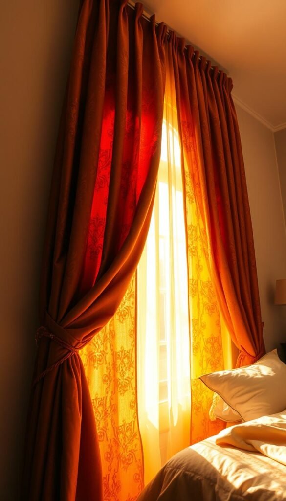 A warm and cozy autumn scene unfolds as rust-toned curtains gracefully drape across a bedroom window, filtering the golden sunlight. The curtains' rich hues cast a gentle glow, transforming the atmosphere with a soft, inviting ambiance. Intricate patterns dance across the fabric, adding depth and character to the space. The curtains billow softly, as if welcoming the autumn breeze, creating an intimate and serene retreat. A wide-angle lens captures the entire scene, showcasing the curtains' captivating presence and their ability to elevate the room's overall mood and aesthetic. This image reflects the essence of "Rust-Tone Bedroom Curtains for Autumn Vibes" and "Welcome Autumn Into Your Home With Curtains".