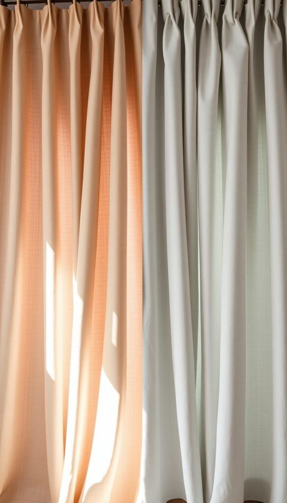 A warm grey curtain and a cool grey curtain hang side by side, their subtle tones creating a harmonious contrast. The warm curtain has a soft, inviting hue, while the cool curtain has a crisp, calming presence. The lighting is soft and diffused, casting a gentle glow on the fabrics and highlighting their nuanced undertones. The curtains are positioned in a cozy bedroom setting, their folds and drapes adding texture and depth to the scene. The overall atmosphere is one of tranquility and sophistication, inviting the viewer to imagine how these different grey shades could transform the ambiance of a light-filled space.