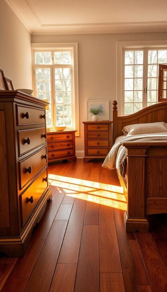 A warm, inviting bedroom setting with a classic wood dresser, nightstand, and bed frame elegantly coordinated with a rich, hardwood floor. Soft, natural lighting filters through large windows, casting a golden glow over the scene. The wood tones harmonize seamlessly, creating a cohesive and visually appealing atmosphere. Subtle textures in the wood grain add depth and visual interest. The arrangement is thoughtfully composed, with balanced proportions and a sense of symmetry. An air of refined sophistication permeates the space, evoking a timeless, high-end aesthetic.