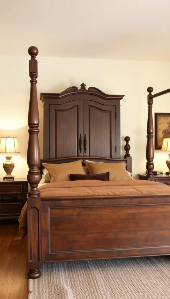 A warm, inviting bedroom with rustic dark wood furniture. In the foreground, a sturdy four-poster bed with a weathered, distressed finish, adorned with plush linens in earthy tones. Flanking the bed, a pair of matching nightstands with intricate carved detailing, each topped with a vintage-inspired lamp casting a soft, ambient glow. In the middle ground, a substantial armoire with worn, antique-looking hardware stands as the focal point, its rich, dark hue complementing the room's cozy atmosphere. The background reveals wooden floorboards, complemented by a large, woven area rug in neutral shades. The overall scene conveys a sense of timeless elegance and rustic charm.