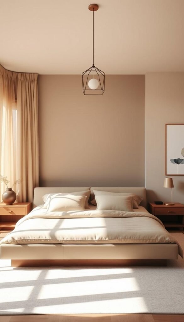 A warm, minimalist bedroom interior, bathed in soft, natural light filtering through sheer beige curtains. The space features a low-profile platform bed with clean, contemporary lines and plush, earthy bedding. Wooden nightstands and a simple, geometric pendant light add subtle touches of texture. The walls are painted in a calming, muted tone, complemented by a few carefully curated pieces of abstract art. The overall atmosphere is one of serenity and understated elegance, creating a harmonious and inviting retreat.