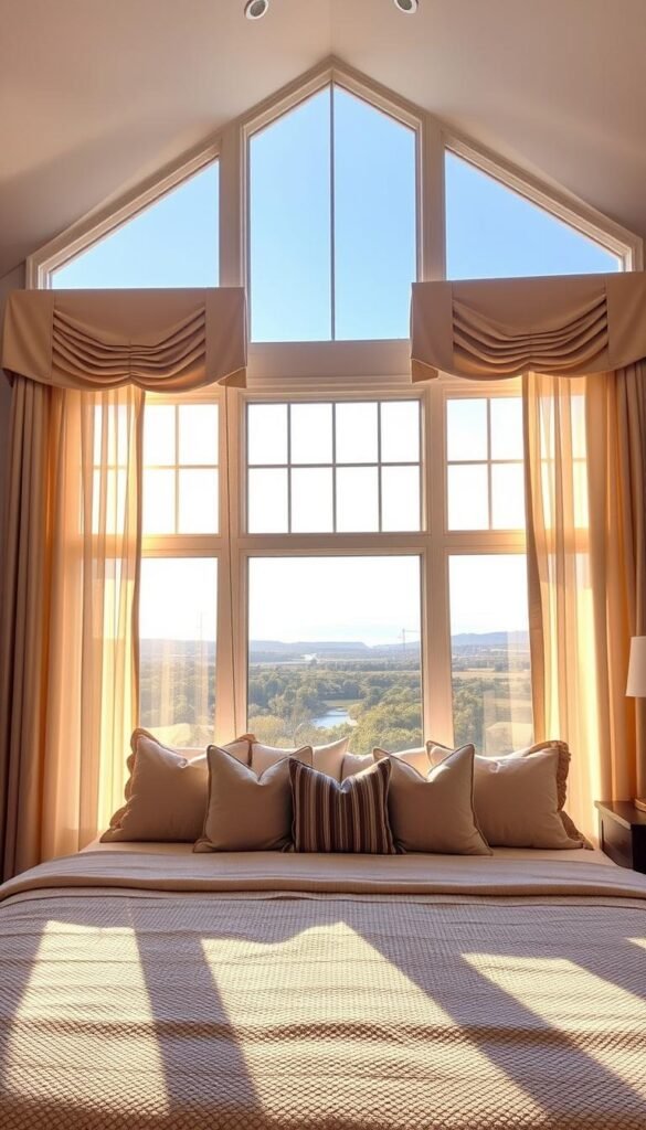 A well-appointed master bedroom with an expansive window overlooking a picturesque landscape. Sheer, floor-to-ceiling curtains in a soft, neutral tone gently billow in the warm afternoon sunlight, filtering it into a serene ambiance. Opulent, tailored valances in a complementary shade frame the window, adding a touch of refinement. The curtains are drawn back, allowing ample natural light to fill the room and accentuate the proportions of the space. Plush, textured bedding in muted hues and a curated selection of decorative pillows create a cozy, inviting atmosphere. The overall design seamlessly integrates the window treatments, enhancing the sense of harmony and balance within the bedroom.