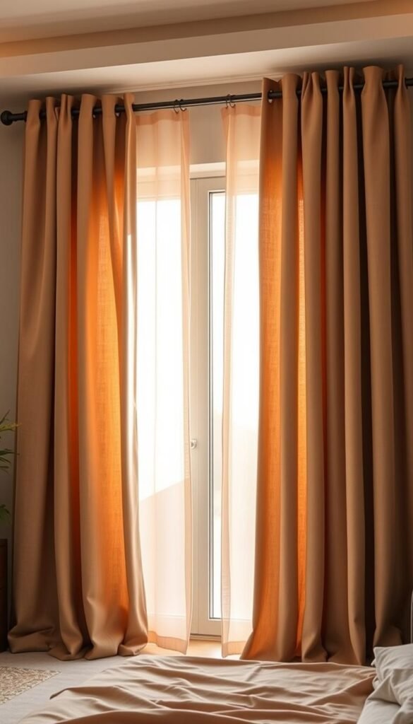 A well-crafted taupe curtain in a modern, neutral-toned bedroom. Soft, luxurious fabric cascades in gentle folds, highlighted by warm, natural lighting from a large window. The curtain's texture is plush and inviting, with a subtle sheen that catches the light. The curtain panels frame the view, creating a sense of coziness and tranquility. The curtain rod is sleek and minimalist, allowing the fabric to take center stage. The overall atmosphere is one of relaxed sophistication, perfectly complementing the serene, earthy tones of the room.