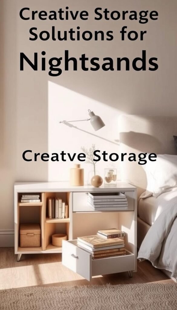 A well-lit, airy bedroom with a chic, modern nightstand showcasing creative storage solutions. The nightstand features a combination of open shelves, drawers, and hidden compartments, allowing for an organized and visually appealing display of decorative objects, books, and personal items. Soft, warm lighting from a minimalist lamp illuminates the scene, creating a cozy and inviting atmosphere. The nightstand is positioned against a neutral-toned wall, allowing the storage solutions to take center stage. The overall composition exudes a sense of effortless elegance and functionality, perfectly suiting the "Creative Storage Solutions for Nightstands" section of the article.