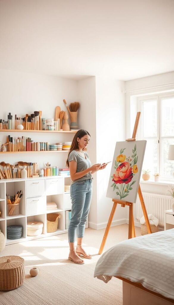 A well-lit, airy bedroom with a soft, feminine aesthetic. In the foreground, a young woman in casual attire stands at an easel, palette in hand, painting a vibrant floral design on a canvas. In the middle ground, shelves display an array of paint brushes, rollers, and other DIY supplies, while a large window floods the scene with natural light. In the background, pastel-colored walls provide a serene backdrop, hinting at the broader decorative possibilities. The overall mood is one of creativity, inspiration, and a DIY approach to transforming a space.
