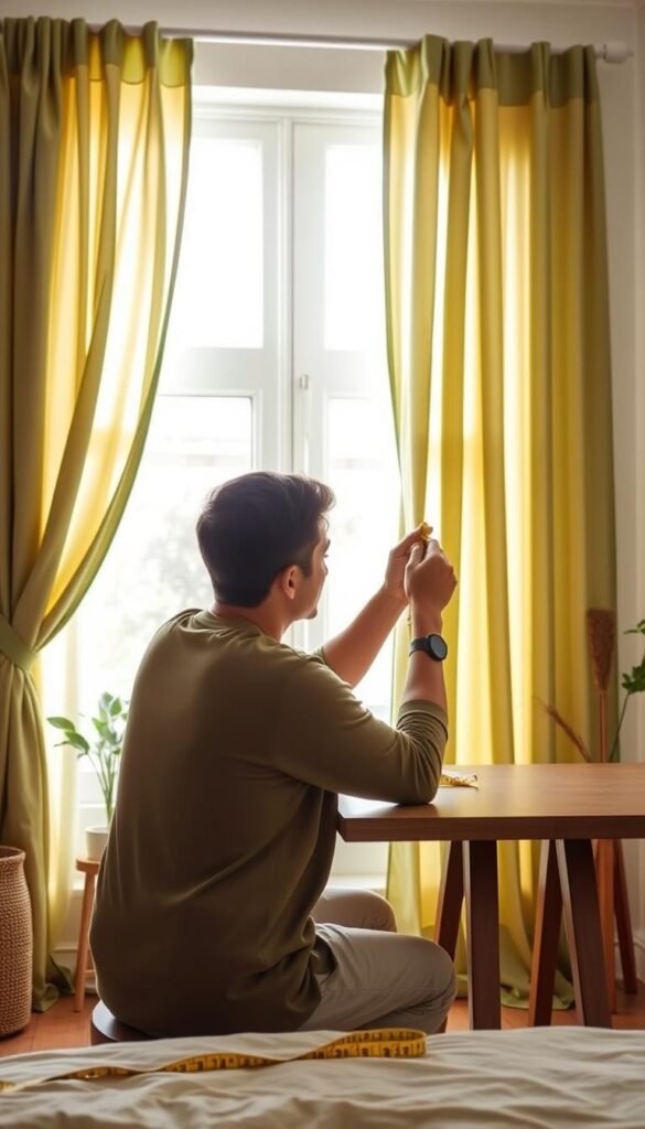 A well-lit, airy bedroom with soft olive green curtains billowing in a gentle breeze. In the foreground, a person sits at a table, carefully measuring the window frame with a tape measure, their expression focused and thoughtful. The window is framed by natural light, casting a warm glow across the scene. The background features a minimalist, organic decor, with potted plants and natural wood accents, creating a calming, serene atmosphere. The overall mood is one of tranquility and attention to detail, perfectly capturing the essence of measuring for custom curtains in an olive green bedroom. A well-lit, airy bedroom with soft olive green curtains billowing in a gentle breeze. In the foreground, a person sits at a table, carefully measuring the window frame with a tape measure, their expression focused and thoughtful. The window is framed by natural light, casting a warm glow across the scene. The background features a minimalist, organic decor, with potted plants and natural wood accents, creating a calming, serene atmosphere. The overall mood is one of tranquility and attention to detail, perfectly capturing the essence of measuring for custom curtains in an olive green bedroom.