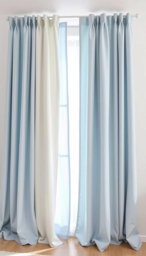 A well-lit, airy room showcasing a variety of light blue curtain options. The curtains are displayed in a modern, minimalist setting with natural lighting flooding the space. The foreground features several curtain panels in varying shades of light blue, draped elegantly and showcasing their texture and quality. The middle ground includes a mix of floor-length and shorter curtain styles, allowing the viewer to envision different applications. The background depicts a neutral-toned wall, providing a clean canvas to highlight the curtains. The overall mood is calm, serene, and inviting, reflecting the article's focus on airy bedroom design. A well-lit, airy room showcasing a variety of light blue curtain options. The curtains are displayed in a modern, minimalist setting with natural lighting flooding the space. The foreground features several curtain panels in varying shades of light blue, draped elegantly and showcasing their texture and quality. The middle ground includes a mix of floor-length and shorter curtain styles, allowing the viewer to envision different applications. The background depicts a neutral-toned wall, providing a clean canvas to highlight the curtains. The overall mood is calm, serene, and inviting, reflecting the article's focus on airy bedroom design.