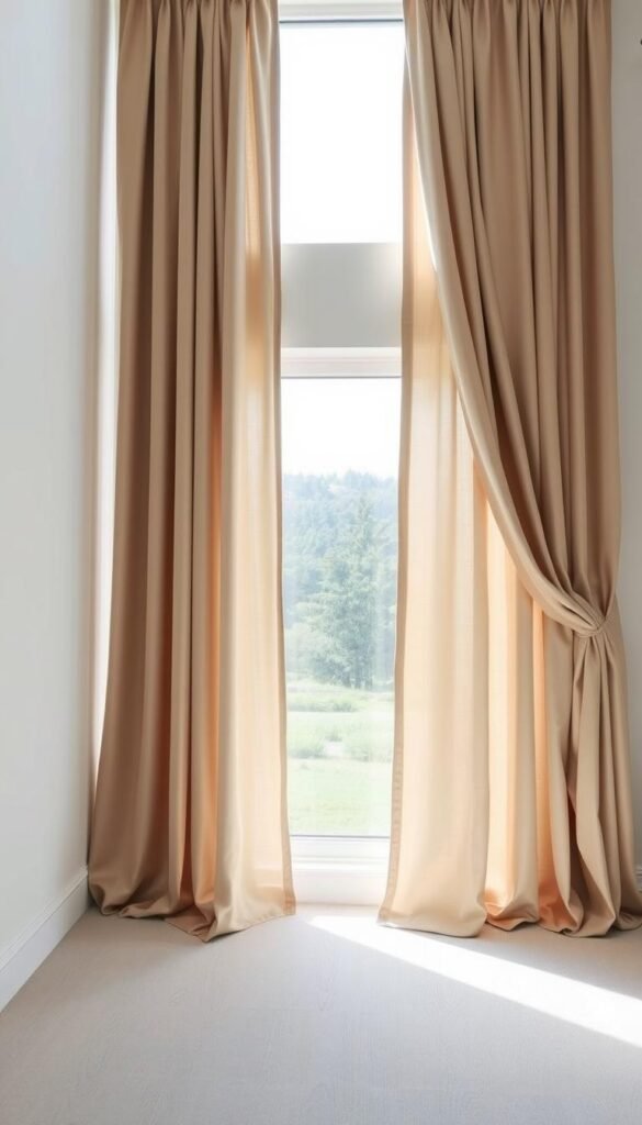 A well-lit, airy room with floor-to-ceiling neutral-colored blackout curtains in a lush, flowing fabric. The curtains are expertly arranged, elegantly framing a large window that overlooks a serene, natural landscape. Soft, diffused sunlight filters through the curtains, creating a calming, inviting atmosphere. The curtains are the focal point, showcasing their ability to elevate the space with their perfect neutral tones and premium quality. The room is minimal and modern, allowing the curtains to shine as the star of the scene. A well-lit, airy room with floor-to-ceiling neutral-colored blackout curtains in a lush, flowing fabric. The curtains are expertly arranged, elegantly framing a large window that overlooks a serene, natural landscape. Soft, diffused sunlight filters through the curtains, creating a calming, inviting atmosphere. The curtains are the focal point, showcasing their ability to elevate the space with their perfect neutral tones and premium quality. The room is minimal and modern, allowing the curtains to shine as the star of the scene.