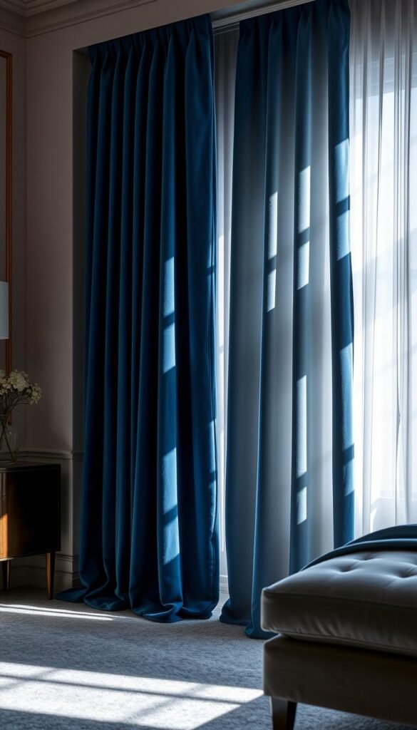 A well-lit bedroom featuring premium blue velvet curtains with advanced room darkening technology. The curtains hang gracefully, casting dramatic shadows across the plush carpet and elegant furnishings. Soft, diffused lighting filters through the fabric, creating a cozy and sophisticated ambiance. The curtain material is thick and luxurious, effortlessly blocking out unwanted light and noise to provide a peaceful, restful environment. Detailed stitching and custom-tailored pleats add a touch of refined craftsmanship. The overall scene conveys a sense of luxury, comfort, and superior functionality.