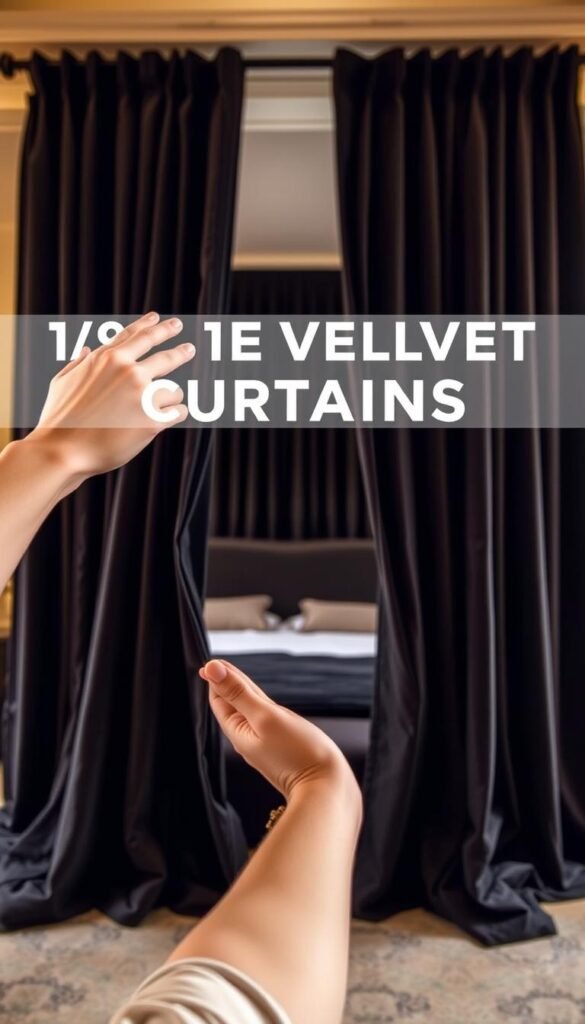 A well-lit bedroom interior, showcasing a central bed with opulent black velvet curtains draped gracefully on either side. The curtains flow effortlessly, their rich texture and deep color creating a dramatic, luxurious atmosphere. In the foreground, a woman's hand reaches out to gently caress the soft, inviting fabric, selecting the perfect curtains to complement the space. The lighting is warm and flattering, casting a subtle glow on the scene. The background is blurred, allowing the curtains to be the focal point, highlighting their importance in the overall design. The image conveys a sense of sophistication, elegance, and the careful consideration that goes into selecting the right velvet curtains for a dramatic bedroom setting.