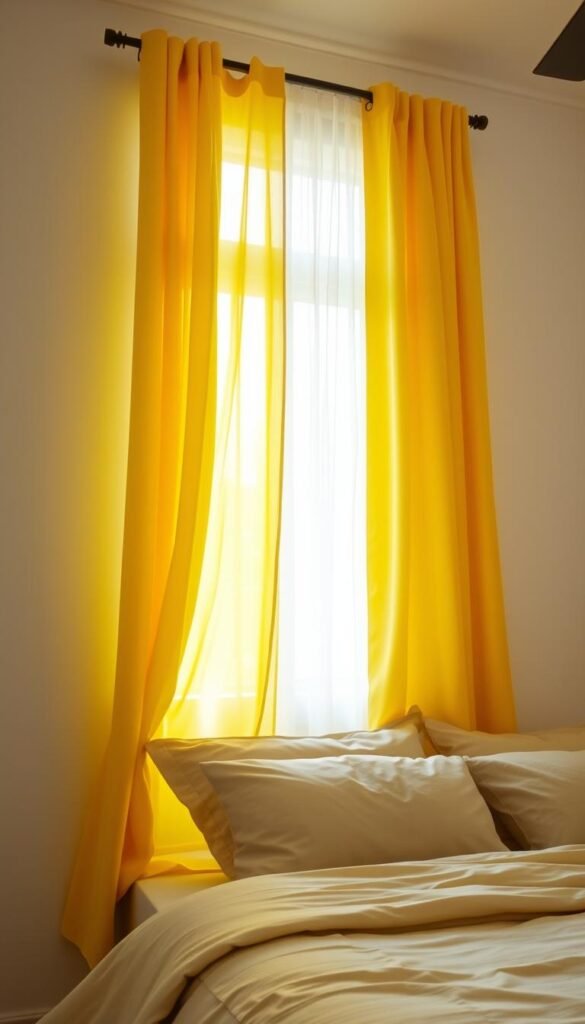 A well-lit bedroom with a bright yellow curtain panel gently billowing in the breeze, its vibrant hue contrasting beautifully against a serene neutral-toned bedding set. The curtain's sheer fabric allows soft natural light to filter in, creating a warm and inviting atmosphere. The bedding, featuring a muted color palette of beige, grey, and white, provides a soothing balance to the bold curtain, resulting in a cohesive and harmonious design. The composition is captured from a low angle, emphasizing the sense of tranquility and comfort within the space. A well-lit bedroom with a bright yellow curtain panel gently billowing in the breeze, its vibrant hue contrasting beautifully against a serene neutral-toned bedding set. The curtain's sheer fabric allows soft natural light to filter in, creating a warm and inviting atmosphere. The bedding, featuring a muted color palette of beige, grey, and white, provides a soothing balance to the bold curtain, resulting in a cohesive and harmonious design. The composition is captured from a low angle, emphasizing the sense of tranquility and comfort within the space.