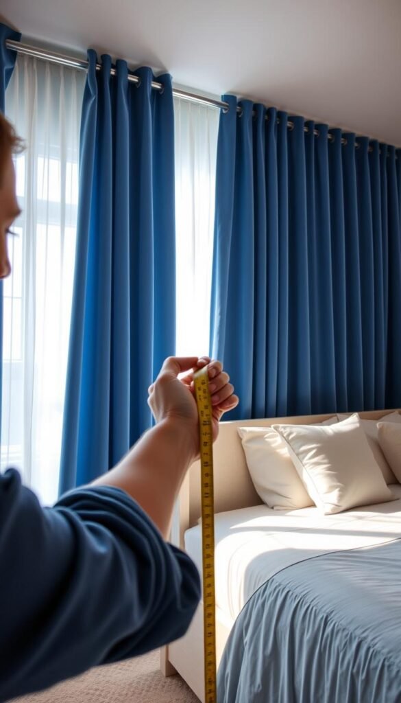 A well-lit bedroom with a luxurious blue velvet curtain backdrop. In the foreground, a person meticulously measuring the curtain fabric with a tape measure, their movements precise and focused. The curtain rod is visible, mounted securely on the wall. Soft, diffused lighting from a window filters through the sheer fabric, creating a warm, inviting atmosphere. The bedding and surrounding decor are minimalist, allowing the curtains to take center stage. The perspective is slightly angled, capturing the entire curtain frame and the person's engaged expression. The image conveys a sense of attention to detail and a desire to achieve the perfect custom fit for these elegant blue velvet curtains.
