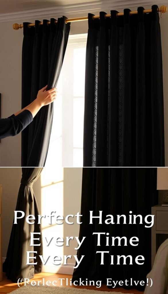 A well-lit bedroom with lush black velvet curtains being expertly installed. In the foreground, a pair of hands gently pleating and hanging the curtain panel, revealing the elegant rod hardware. The middle ground shows the curtain flowing gracefully to the floor, casting a dramatic shadow on the wall. The background features a serene, minimalist bedroom decor, highlighting the curtain as the focal point. Soft, warm lighting bathes the scene, emphasizing the luxurious texture of the velvet. The overall mood is one of effortless sophistication and attention to detail, capturing the essence of the "Perfect Hanging Every Time" installation tips.