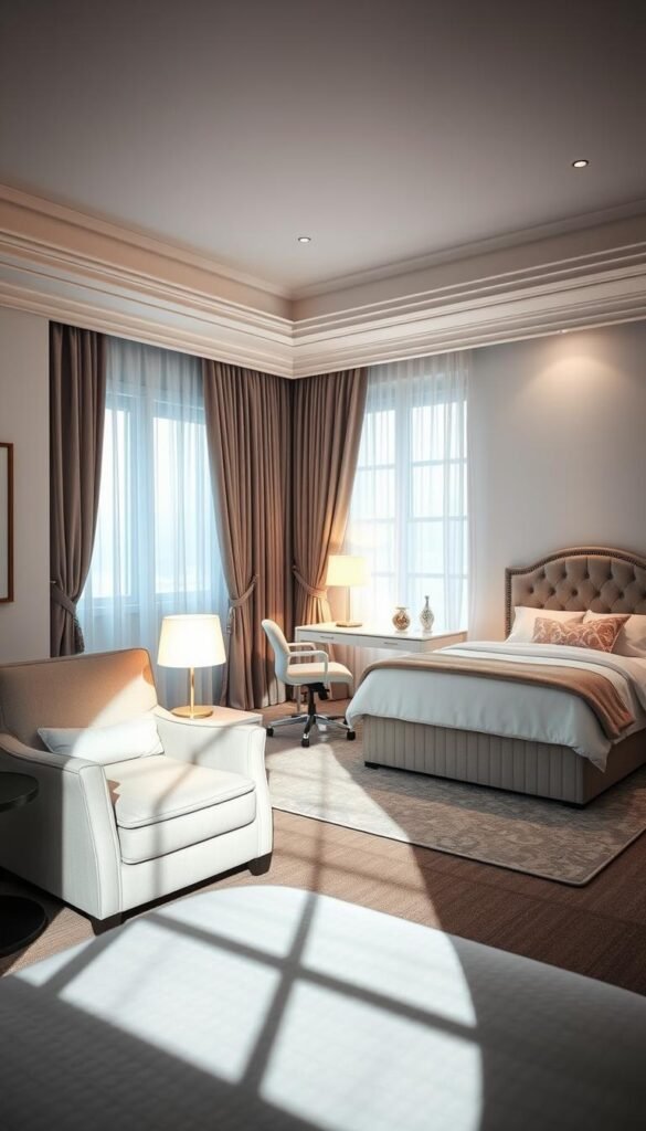 A well-lit, cozy bedroom showcasing distinct functional zones. In the foreground, a plush reading nook with a comfortable armchair, a small side table, and a table lamp casting a warm glow. In the middle ground, a spacious study area with a sleek desk, an ergonomic office chair, and a minimalist lamp. In the background, a tranquil sleeping zone with a elegant upholstered headboard, nightstands, and soft bedding in pastel hues. Soft natural light filters through sheer curtains, creating a serene and inviting atmosphere. The room exudes a harmonious balance of form and function, perfect for a productive and relaxing girls' bedroom.