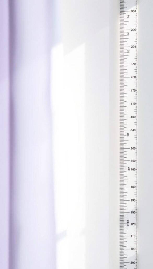 A well-lit, detailed window measuring guide showing a ruler against a white background, with a soft lavender curtain partially visible in the frame. The ruler should be prominently displayed, clearly indicating measurements in both inches and centimeters. The composition should be clean and minimal, emphasizing the essential information needed to accurately measure windows for curtain installation. Gentle natural lighting from the side casts soft shadows, creating a calming, relaxing atmosphere fitting the article's subject matter. A well-lit, detailed window measuring guide showing a ruler against a white background, with a soft lavender curtain partially visible in the frame. The ruler should be prominently displayed, clearly indicating measurements in both inches and centimeters. The composition should be clean and minimal, emphasizing the essential information needed to accurately measure windows for curtain installation. Gentle natural lighting from the side casts soft shadows, creating a calming, relaxing atmosphere fitting the article's subject matter.