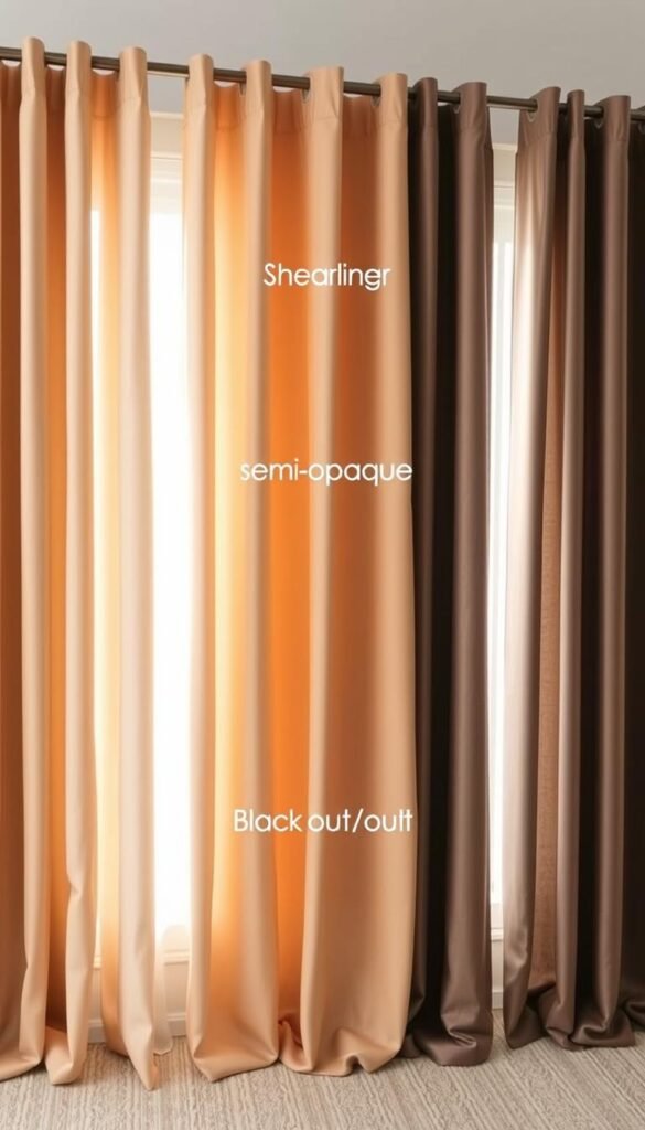 A well-lit, high-resolution comparison of various curtain lining options, including sheer, semi-opaque, and blackout materials. The curtains are arranged in a visually appealing manner, with each type displayed alongside the others, allowing the viewer to clearly see the differences in opacity and light-blocking capabilities. The lighting is soft and diffused, creating a warm, cozy atmosphere that complements the light brown color scheme. The camera angle is slightly elevated, providing a comprehensive view of the curtain samples. The overall composition is clean, minimalist, and focused solely on the curtain lining materials, allowing the viewer to easily assess the options. A well-lit, high-resolution comparison of various curtain lining options, including sheer, semi-opaque, and blackout materials. The curtains are arranged in a visually appealing manner, with each type displayed alongside the others, allowing the viewer to clearly see the differences in opacity and light-blocking capabilities. The lighting is soft and diffused, creating a warm, cozy atmosphere that complements the light brown color scheme. The camera angle is slightly elevated, providing a comprehensive view of the curtain samples. The overall composition is clean, minimalist, and focused solely on the curtain lining materials, allowing the viewer to easily assess the options.