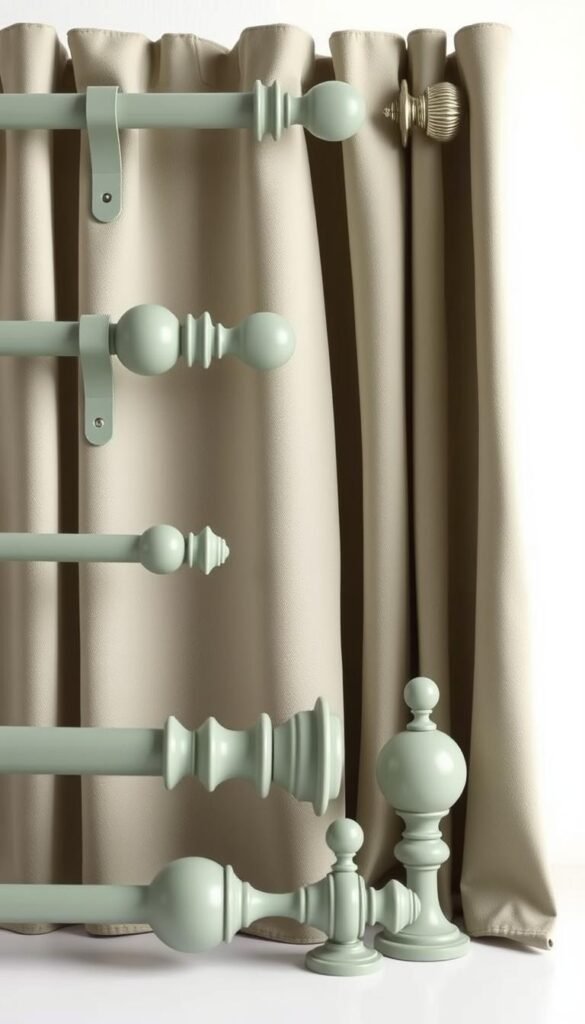 A well-lit, high-resolution photograph of various sage green curtain hardware options, including a close-up view of curtain rods, brackets, and finials against a clean, neutral background. The hardware pieces are displayed in an organized manner, showcasing their shapes, textures, and finishes in a visually appealing way. The lighting is soft and natural, highlighting the nuances of the sage green color. The overall composition creates a sense of calmness and sophistication, suitable for a serene bedroom setting. A well-lit, high-resolution photograph of various sage green curtain hardware options, including a close-up view of curtain rods, brackets, and finials against a clean, neutral background. The hardware pieces are displayed in an organized manner, showcasing their shapes, textures, and finishes in a visually appealing way. The lighting is soft and natural, highlighting the nuances of the sage green color. The overall composition creates a sense of calmness and sophistication, suitable for a serene bedroom setting.